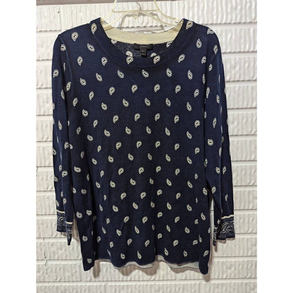 J. Crew Women's Blue & White Paisley Design Crew Neck Merino Wool Sweater Size X